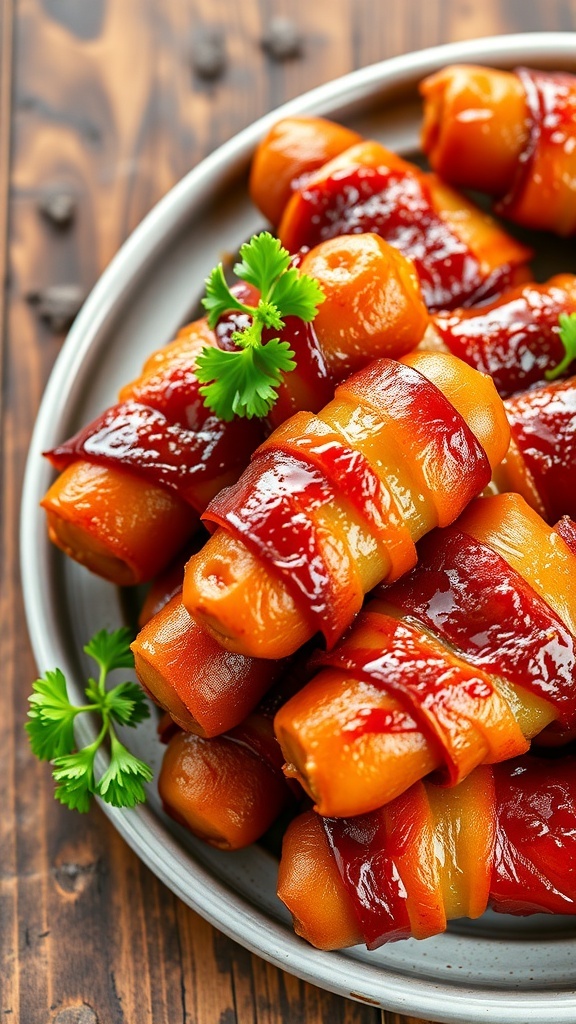 A delicious platter of bacon-wrapped smokies with caramelized sugar, garnished with parsley.